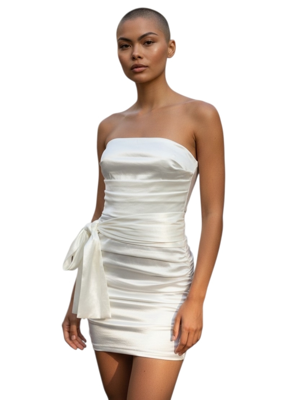 Strapless White Ruched Mini Dress with Side Tie